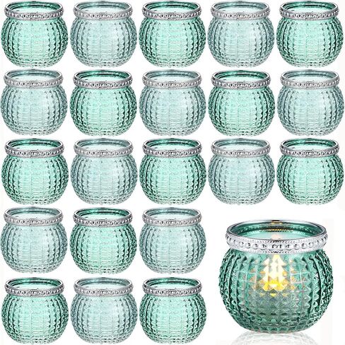 مجموعة Hushee مكونة من 24 حامل شموع زجاجية صغيرة نذرية، حامل شموع زجاجية بوهو عتيقة لتزيين الطاولة المركزية لحفلات الزفاف وحفلات الزفاف (أخضر فاتح وأخضر داكن) in Kuwait