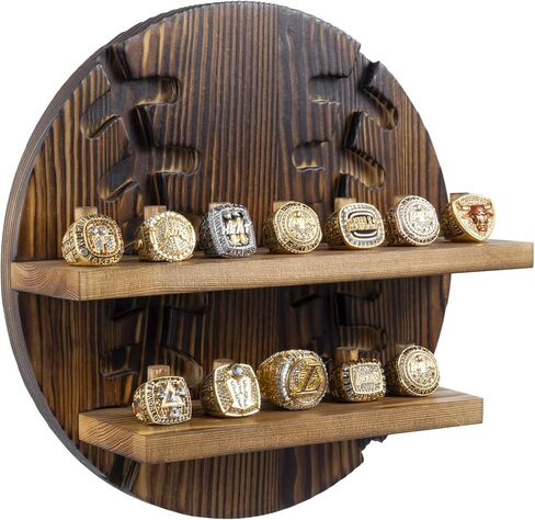 MyGift 2 Tier Rustic Burnt Wood Sports Championship Ring Holder with Baseball Cutout Backing, Wall Mounted Collectible Rings Jewelry Storage Display with 12 Pegs in Saudi Arabia