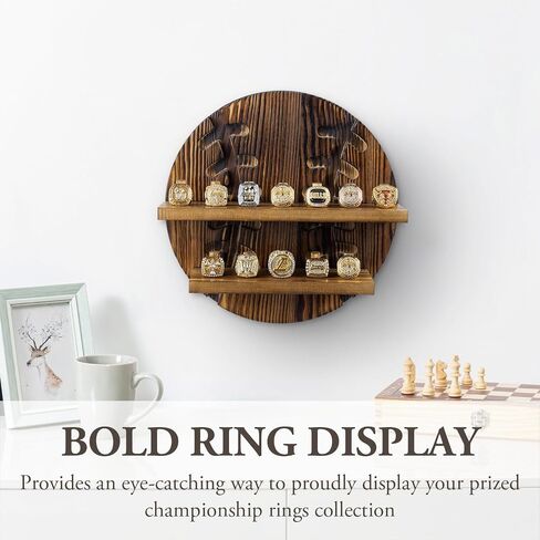 MyGift 2 Tier Rustic Burnt Wood Sports Championship Ring Holder with Baseball Cutout Backing, Wall Mounted Collectible Rings Jewelry Storage Display with 12 Pegs in Saudi Arabia