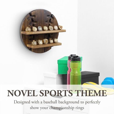 MyGift 2 Tier Rustic Burnt Wood Sports Championship Ring Holder with Baseball Cutout Backing, Wall Mounted Collectible Rings Jewelry Storage Display with 12 Pegs in Saudi Arabia