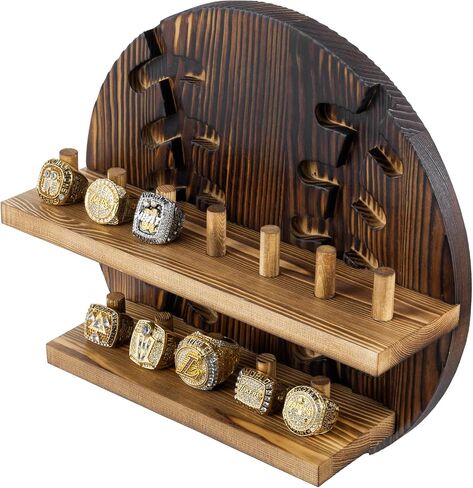 MyGift 2 Tier Rustic Burnt Wood Sports Championship Ring Holder with Baseball Cutout Backing, Wall Mounted Collectible Rings Jewelry Storage Display with 12 Pegs in Saudi Arabia