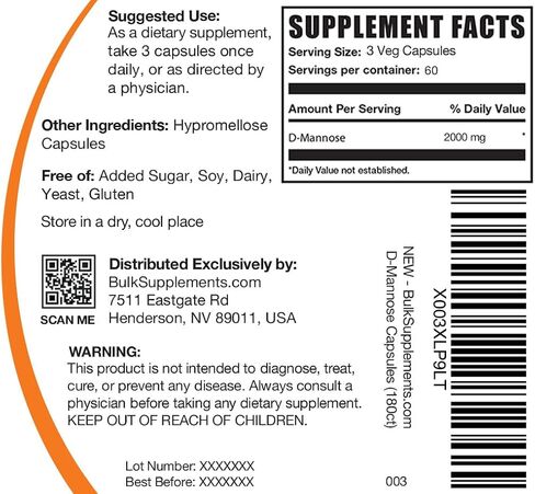 BulkSupplements.com D-Mannose Capsules - D-Mannose Supplement, D-Mannose 2000mg Capsules - Urinary Tract Health, Vegan-Friendly - 3 Capsules per Serving, 180 Veg Capsules, Pack of 1 in Saudi Arabia