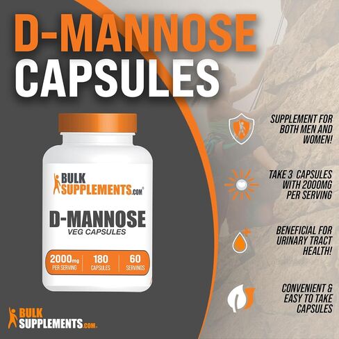 BulkSupplements.com D-Mannose Capsules - D-Mannose Supplement, D-Mannose 2000mg Capsules - Urinary Tract Health, Vegan-Friendly - 3 Capsules per Serving, 180 Veg Capsules, Pack of 1 in Saudi Arabia