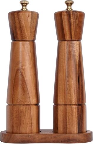 Salt and Pepper Mill Set with Tray, Adjustable Ceramic Grinder Salt Mill, Stainless Steel Grinder Pepper Mill, Acacia Wood, 22 cm/ 8 Inch Height, Bottom Dia 5.5 cm (Tray is Included) in Saudi Arabia