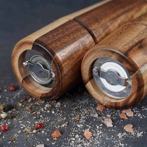Salt and Pepper Mill Set with Tray, Adjustable Ceramic Grinder Salt Mill, Stainless Steel Grinder Pepper Mill, Acacia Wood, 22 cm/ 8 Inch Height, Bottom Dia 5.5 cm (Tray is Included) in Saudi Arabia