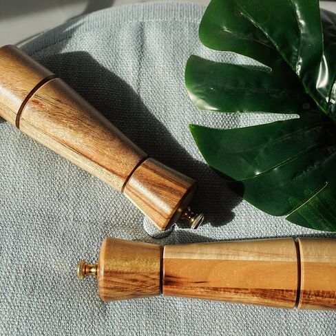 Salt and Pepper Mill Set with Tray, Adjustable Ceramic Grinder Salt Mill, Stainless Steel Grinder Pepper Mill, Acacia Wood, 22 cm/ 8 Inch Height, Bottom Dia 5.5 cm (Tray is Included) in Saudi Arabia