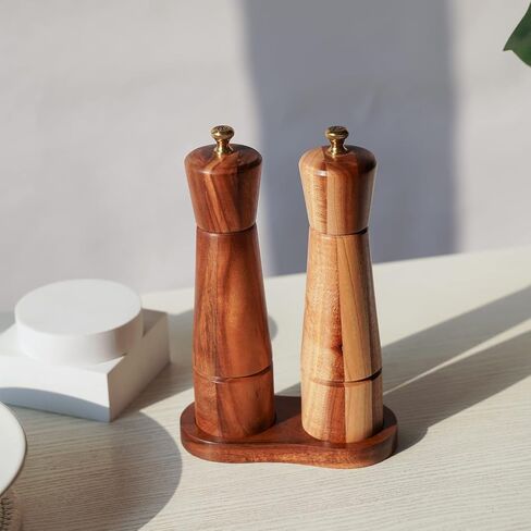 Salt and Pepper Mill Set with Tray, Adjustable Ceramic Grinder Salt Mill, Stainless Steel Grinder Pepper Mill, Acacia Wood, 22 cm/ 8 Inch Height, Bottom Dia 5.5 cm (Tray is Included) in Saudi Arabia