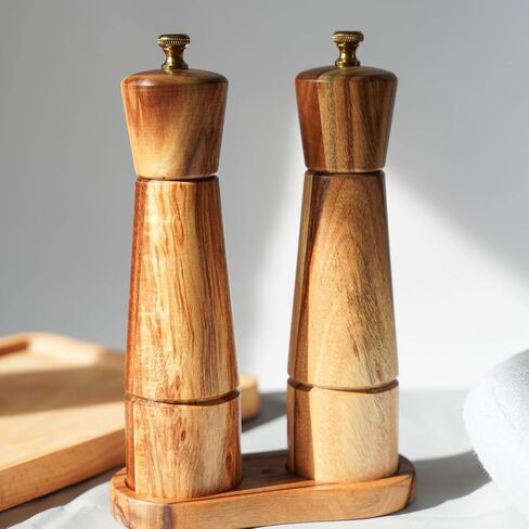 Salt and Pepper Mill Set with Tray, Adjustable Ceramic Grinder Salt Mill, Stainless Steel Grinder Pepper Mill, Acacia Wood, 22 cm/ 8 Inch Height, Bottom Dia 5.5 cm (Tray is Included) in Saudi Arabia