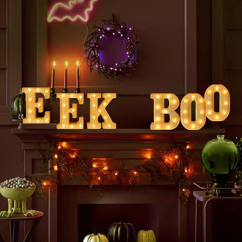 LED زخارف الهالوين حروف سرادق: 6 قطع سرادق تضيء الحروف Boo EEK Halloween Party Letter Sign Lights، تعمل بالبطارية، رف الطاولة ديكور جداري مضاء للأطفال في المنزل والمكتب والمدرسة in Kuwait