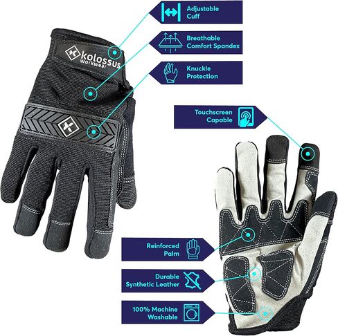 قفازات عمل Kolossus لجميع الأغراض، أدوات عامة، قبضة مرنة، شاشة تعمل باللمس، مفاصل مبطنة وراحة اليد، أسود in Kuwait