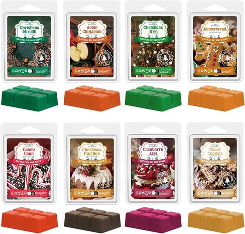 Christmas Scented Wax Melts Set, SNOWSEN Soy Wax Cubes for Warmer, Christmas Wreath, Apple Cinnamon, Gingerbread, Christmas Tree,Candy Cane, Christmas Pudding,Cranberry Jam,Sugar Cookies, 8x2.5 oz in Saudi Arabia