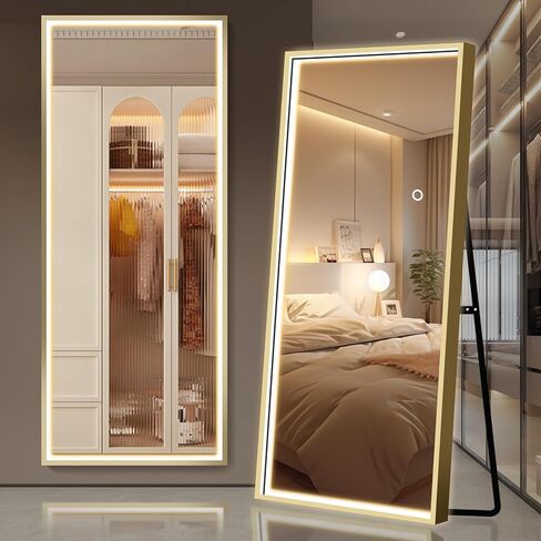 PexFix 64 بوصة × 21 بوصة LED مستطيلة كاملة الطول مرآة أرضية واقفة، مرآة تزيين الجسم بالكامل، مرآة معلقة على الحائط لغرفة النوم، ذهبي in Kuwait