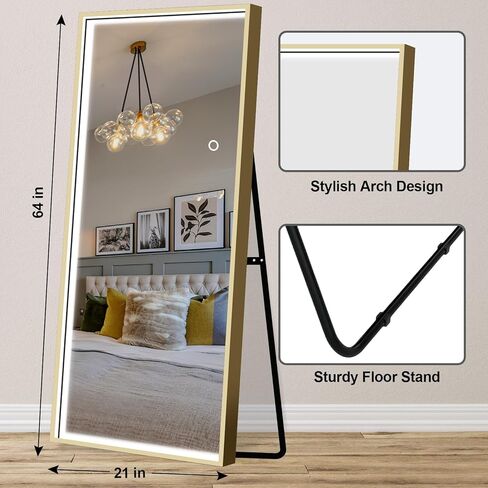 PexFix 64 بوصة × 21 بوصة LED مستطيلة كاملة الطول مرآة أرضية واقفة، مرآة تزيين الجسم بالكامل، مرآة معلقة على الحائط لغرفة النوم، ذهبي in Kuwait