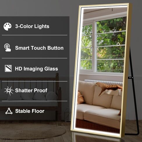 PexFix 64 بوصة × 21 بوصة LED مستطيلة كاملة الطول مرآة أرضية واقفة، مرآة تزيين الجسم بالكامل، مرآة معلقة على الحائط لغرفة النوم، ذهبي in Kuwait