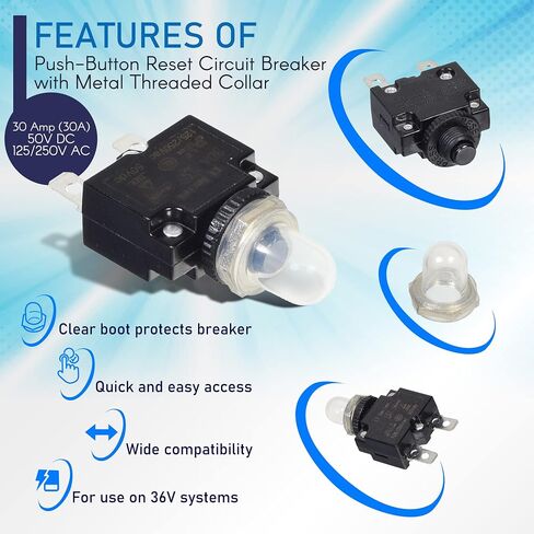 AlveyTech 50VDC 125/250VAC قاطع دائرة إعادة ضبط بزر ضغط مع طوق معدني ملولب وحذاء مطاطي - قواطع مفاتيح بديلة، سكوتر، بحري، دراجة إلكترونية، مولد، حماية من الحمل الزائد (35 أمبير) in Saudi Arabia