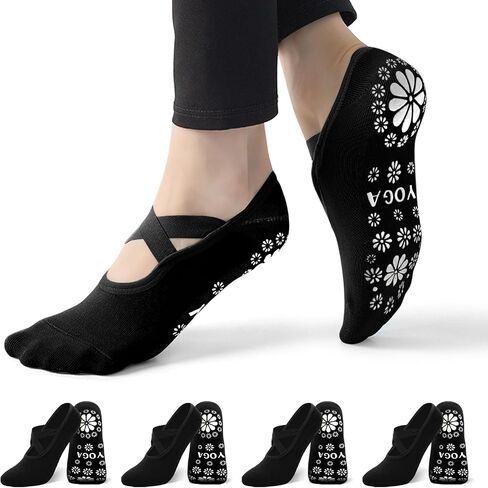 Yoga Socks, Pilates Socks, Grip Socks for Women, 4 Pairs Grips Straps Socks, Athletic Socks for US 5-10 in Saudi Arabia