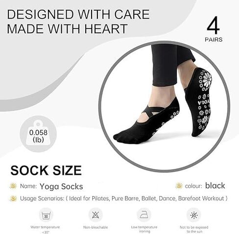Yoga Socks, Pilates Socks, Grip Socks for Women, 4 Pairs Grips Straps Socks, Athletic Socks for US 5-10 in Saudi Arabia