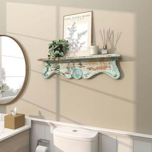 رف حائط Deco 79 Wood Scroll 1، مقاس 32 بوصة × 4 بوصة × 8 بوصة، أزرق in Saudi Arabia