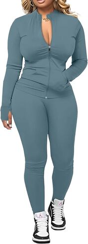 UOUA Two Piece Outfits Women Tracksuit Sets Long Sleeve Zip Up Jacket & Leggings for Gym Workout Set in Saudi Arabia