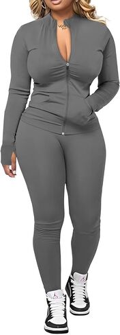 UOUA Two Piece Outfits Women Tracksuit Sets Long Sleeve Zip Up Jacket & Leggings for Gym Workout Set in Saudi Arabia