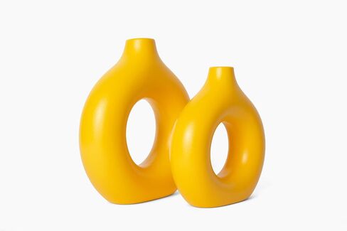 Yellow Circle Vase | Ceramic Donut Vase Set of 2 Decorative and Modern Yellow Vases Home Decor, Round Ceramic Vase, Circle Vase with Hole in Saudi Arabia