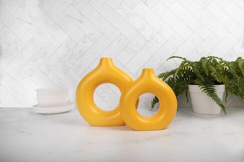 Yellow Circle Vase | Ceramic Donut Vase Set of 2 Decorative and Modern Yellow Vases Home Decor, Round Ceramic Vase, Circle Vase with Hole in Saudi Arabia