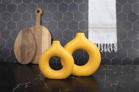 Yellow Circle Vase | Ceramic Donut Vase Set of 2 Decorative and Modern Yellow Vases Home Decor, Round Ceramic Vase, Circle Vase with Hole in Saudi Arabia