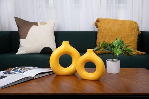Yellow Circle Vase | Ceramic Donut Vase Set of 2 Decorative and Modern Yellow Vases Home Decor, Round Ceramic Vase, Circle Vase with Hole in Saudi Arabia