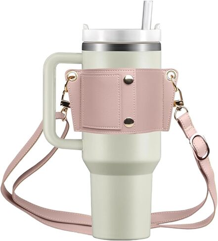 حامل بهلوان مع حزام، حامل أكواب قهوة من الجلد قابل لإعادة الاستخدام، أكياس زجاجات مياه للمشروبات مع حزام قابل للتعديل من أجل يتي وستانلي 30 أونصة و40 أونصة (وردي) in Kuwait