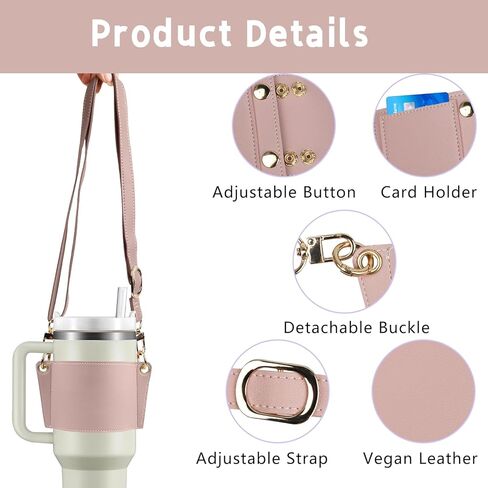 حامل بهلوان مع حزام، حامل أكواب قهوة من الجلد قابل لإعادة الاستخدام، أكياس زجاجات مياه للمشروبات مع حزام قابل للتعديل من أجل يتي وستانلي 30 أونصة و40 أونصة (وردي) in Kuwait