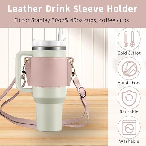 حامل بهلوان مع حزام، حامل أكواب قهوة من الجلد قابل لإعادة الاستخدام، أكياس زجاجات مياه للمشروبات مع حزام قابل للتعديل من أجل يتي وستانلي 30 أونصة و40 أونصة (وردي) in Kuwait