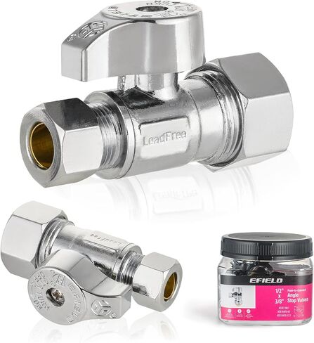 Pro 4-Pack EFIELD صمام إيقاف مستقيم 1/2 بوصة اسمي (5/8 بوصة OD) ضغط × 3/8 بوصة OD، 1/4 دورة، شديد التحمل، نحاس LF مطلي بالكروم in Saudi Arabia