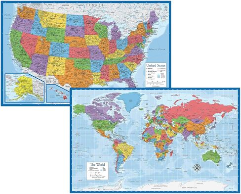 2 Pack - Laminated World Map & US Map Poster Set - Wall Chart Map of the World & United States - Made in the USA [Light Blue] in Saudi Arabia