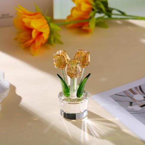 K9 Crystal Gold Tulips Flowers Bouquet Collectible Gifts for Women Wife on Anniversary Wedding Christmas Valentines Mothers Day, Glass Tulips Flowers Figurines for Home Office Decor in Kuwait