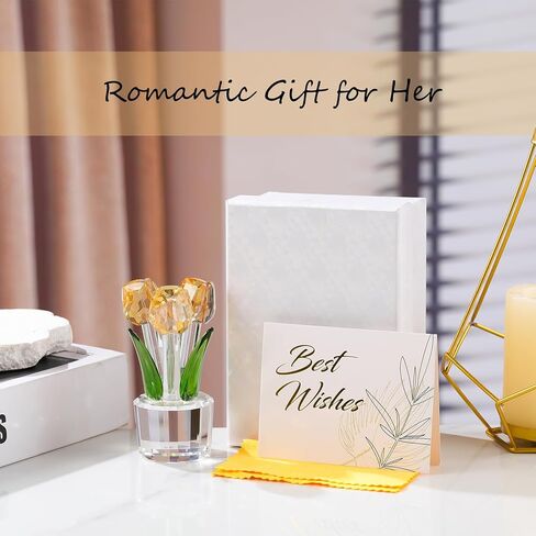 K9 Crystal Gold Tulips Flowers Bouquet Collectible Gifts for Women Wife on Anniversary Wedding Christmas Valentines Mothers Day, Glass Tulips Flowers Figurines for Home Office Decor in Kuwait