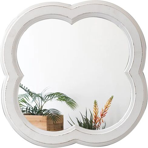Rustic Quatrefoil White Mirror for Entryway Table 20 Inch, Distressed Finish Wooden Vintage Mirrors for Living Room, Farmhouse Clover Shape Floral Scalloped Mirror for Bathroom in Saudi Arabia