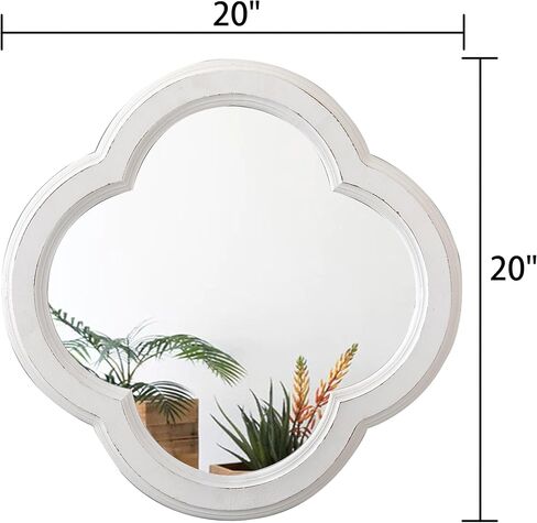 Rustic Quatrefoil White Mirror for Entryway Table 20 Inch, Distressed Finish Wooden Vintage Mirrors for Living Room, Farmhouse Clover Shape Floral Scalloped Mirror for Bathroom in Saudi Arabia