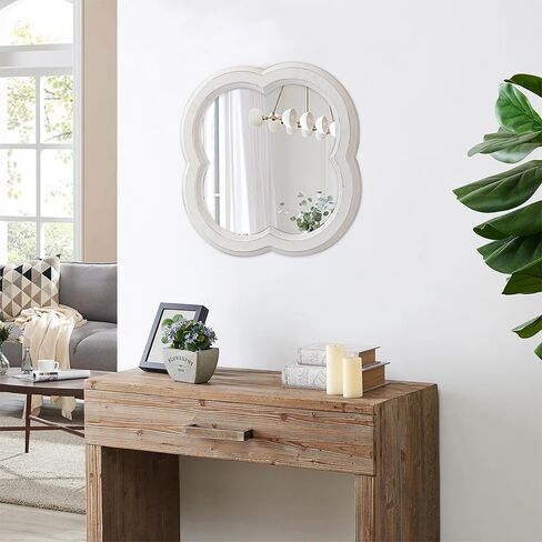 Rustic Quatrefoil White Mirror for Entryway Table 20 Inch, Distressed Finish Wooden Vintage Mirrors for Living Room, Farmhouse Clover Shape Floral Scalloped Mirror for Bathroom in Saudi Arabia
