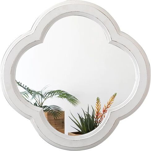 Rustic Quatrefoil White Mirror for Entryway Table 20 Inch, Distressed Finish Wooden Vintage Mirrors for Living Room, Farmhouse Clover Shape Floral Scalloped Mirror for Bathroom in Saudi Arabia