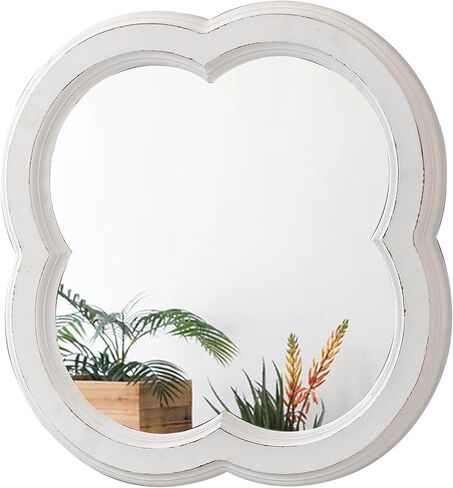 Rustic Quatrefoil White Mirror for Entryway Table 20 Inch, Distressed Finish Wooden Vintage Mirrors for Living Room, Farmhouse Clover Shape Floral Scalloped Mirror for Bathroom in Saudi Arabia