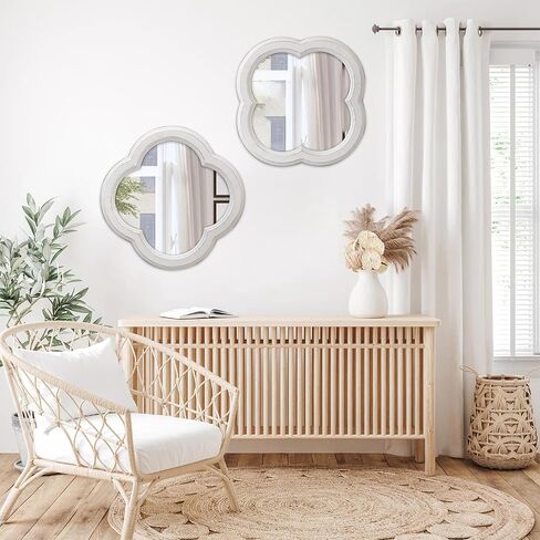 Rustic Quatrefoil White Mirror for Entryway Table 20 Inch, Distressed Finish Wooden Vintage Mirrors for Living Room, Farmhouse Clover Shape Floral Scalloped Mirror for Bathroom in Saudi Arabia