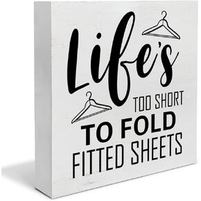 YIDOU Country Laundry Room Wood Box Sign Decor Desk Sign Life's Too Short to Fold Fitted Sheets Wooden Box Block Sign Rustic Home Laundry Shelf Wall Decoration