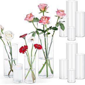 12pcs Glass Cylinder Vases for Centerpieces | 4, 8, 12 Inch Tall Flower Vase for Wedding Decorations, Clear Floating Candle Vases in Bulk, Hurricane Candle Holders for Table, Home Décor
