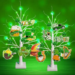 agusbagli 2 حزمة 24in عيد القديس باتريك الزينة 24led شجرة سانت باتريك مضاءة مع شامروك والتماثيل الحلي بطارية تعمل تضيء شجرة الجدول مع الموقت لحفلة المنزل سانت باتريك in Kuwait