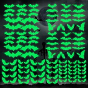 Halloween Wall Decal, Evil Eyes and Bats Fluorescent Luminous Stickers Glow in Dark Waterproof Halloween Stickers for Wall, Window, Ceiling Decoration Party Supplies