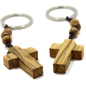 Authentic Olive Wood Cross Keyring with Three Rosary Beads for Faith Hope & Charity in Saudi Arabia