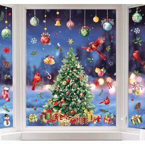 Whaline 6 Sheet Christmas Window Clings Large Xmas Tree Cardinal Bird Pine Cones Reusable Window Decals for Winter Holiday Party Home Glass Window Decor