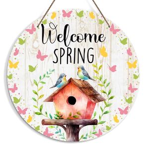 Welcome Spring Sign for Front Door, Bird Birdhouse Welcome Door Sign Decoration, Hello Spring Round Decorative Wall Sign, Rustic Wooden Hanging Sign for Farmhouse Home Porch Living Room -09