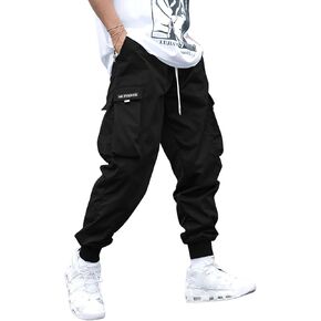 OYOANGLE Men's Casual Drawstring Elastic Waist Flap Pocket Letter Graphic Street Jogger Cargo Pants Apricot Large