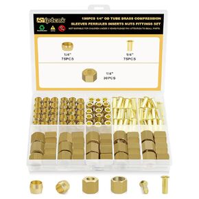 Siptenk 180PCS 1/4" Brass Compression Fittings Sleeves Ferrules Inserts Nuts Assortment Kit, Brass Ferrule Tubing Insert for Air Hose Lines